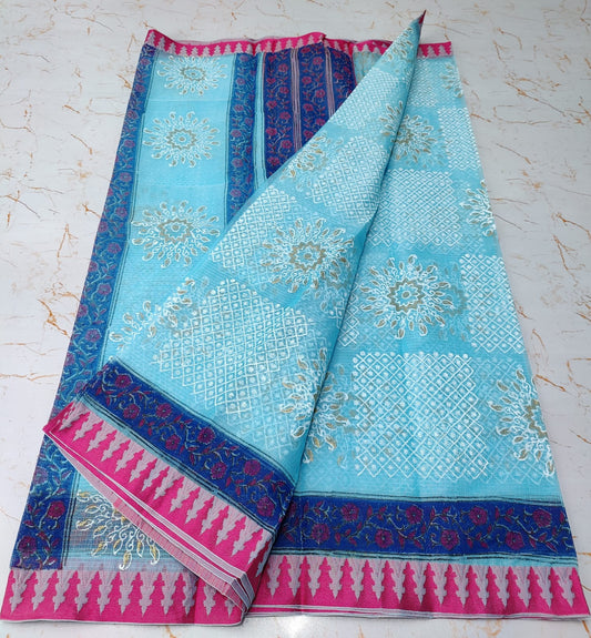 Gracious Blue Flowery KotaDoria Block Printed Cotton Saree With Blouse