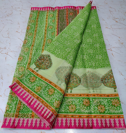 Parrort Green Delicate KotaDoria Block Printed Cotton Saree With Blouse