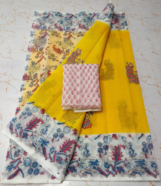 Cyber Yellow Spruce KotaDoria Dye Block Printed Cotton Saree With Blouse