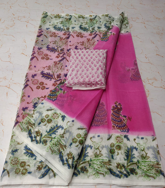 Fuscia Pink Spruce KotaDoria Dye Block Printed Cotton Saree With Blouse