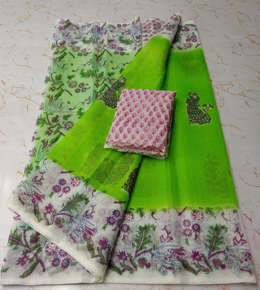 Lawn Green Spruce KotaDoria Dye Block Printed Cotton Saree With Blouse