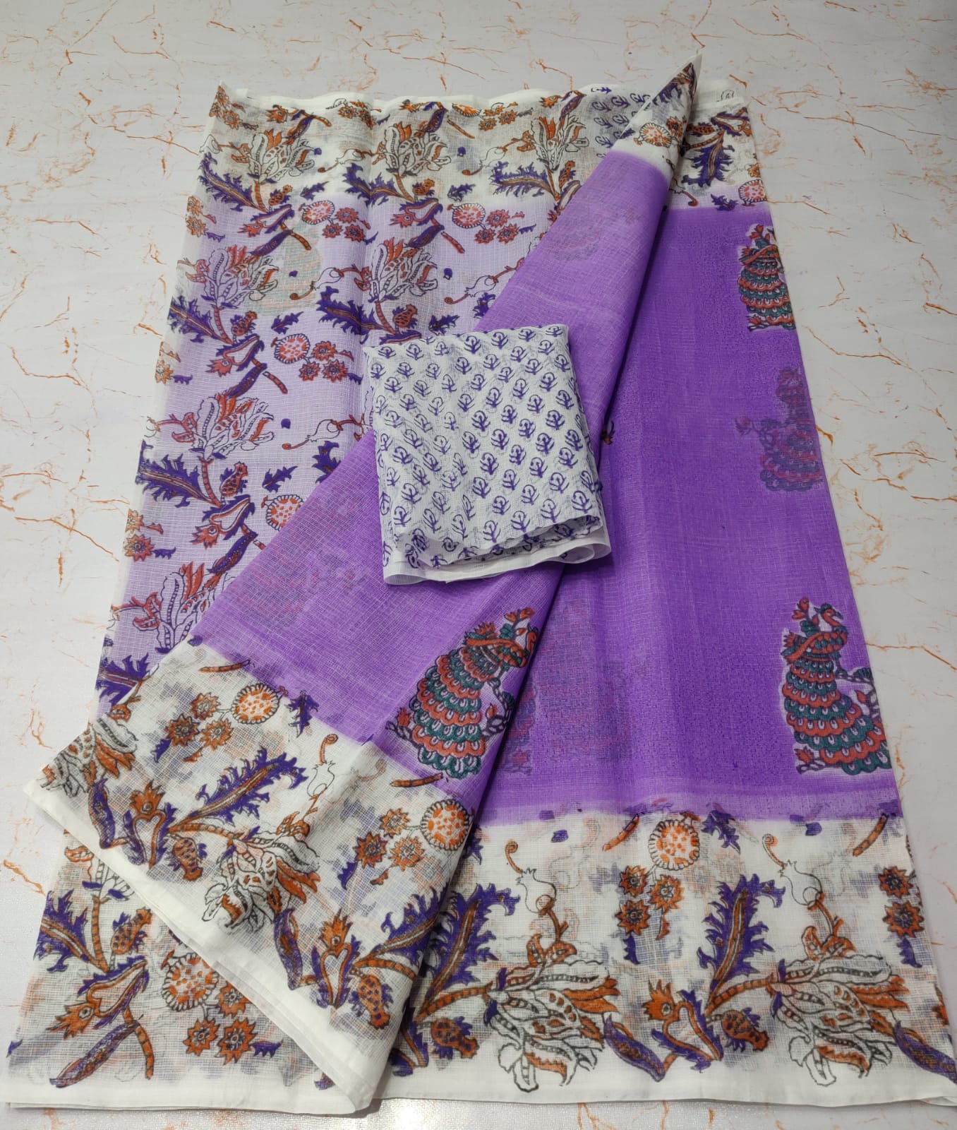 Orchid Purple Chic KotaDoria Dye Block Printed Cotton Saree With Blouse