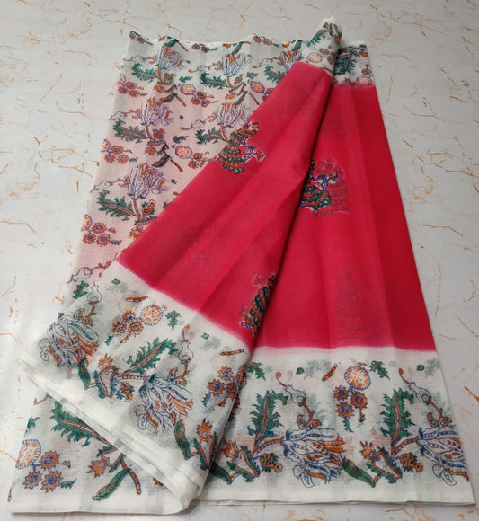 Cramine Red Chic KotaDoria Dye Block Printed Cotton Saree With Blouse