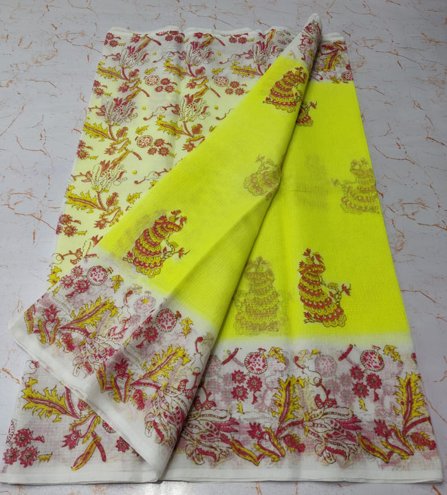 Lemon Yellow Chic KotaDoria Dye Block Printed Cotton Saree With Blouse