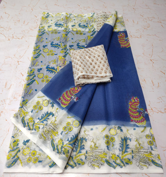 Aegean Blue Chic KotaDoria Dye Block Printed Cotton Saree With Blouse