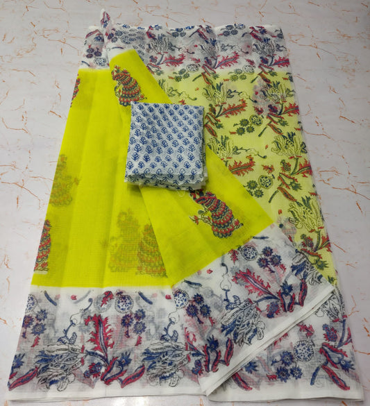 Lemon Yellow Dapper KotaDoria Dye Block Printed Cotton Saree With Blouse