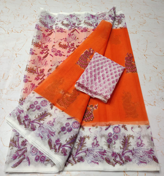 Tiger Orange Chic KotaDoria Dye Block Printed Cotton Saree With Blouse