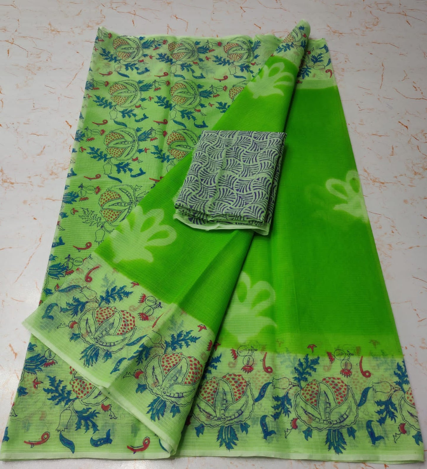 India Green Chic KotaDoria Dye Block Printed Cotton Saree With Blouse