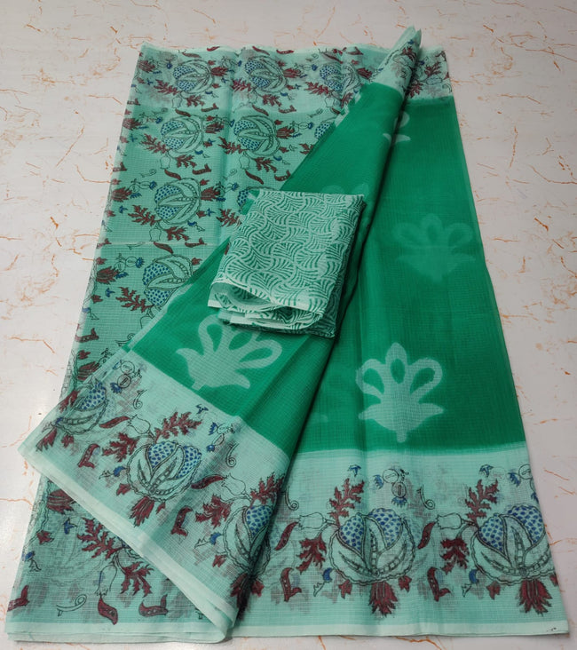 Castleton Green Dapper KotaDoria Dye Block Printed Cotton Saree With Blouse