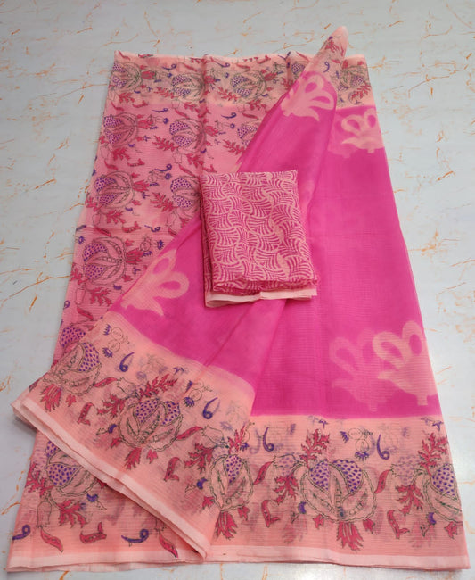 Bubblegum Pink Chic KotaDoria Dye Block Printed Cotton Saree With Blouse