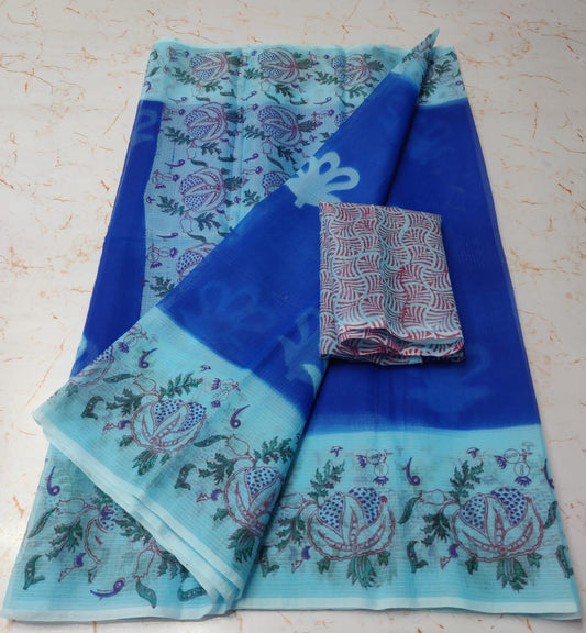 Cobalt Blue Chic KotaDoria Dye Block Printed Cotton Saree With Blouse