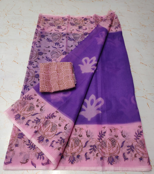 Indigo Chic KotaDoria Dye Block Printed Cotton Saree With Blouse