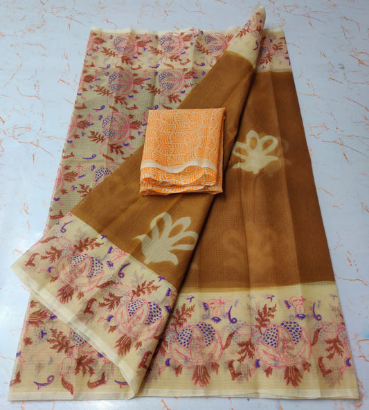 Tawny Brown Chic KotaDoria Dye Block Printed Cotton Saree With Blouse