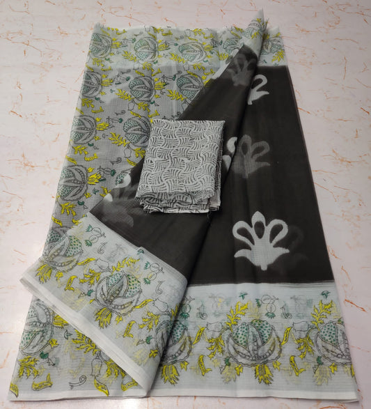 Shadow Grey Chic KotaDoria Dye Block Printed Cotton Saree With Blouse
