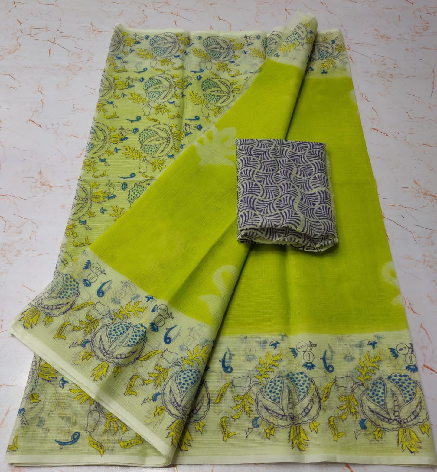 Chartreuse Green Chic KotaDoria Dye Block Printed Cotton Saree With Blouse