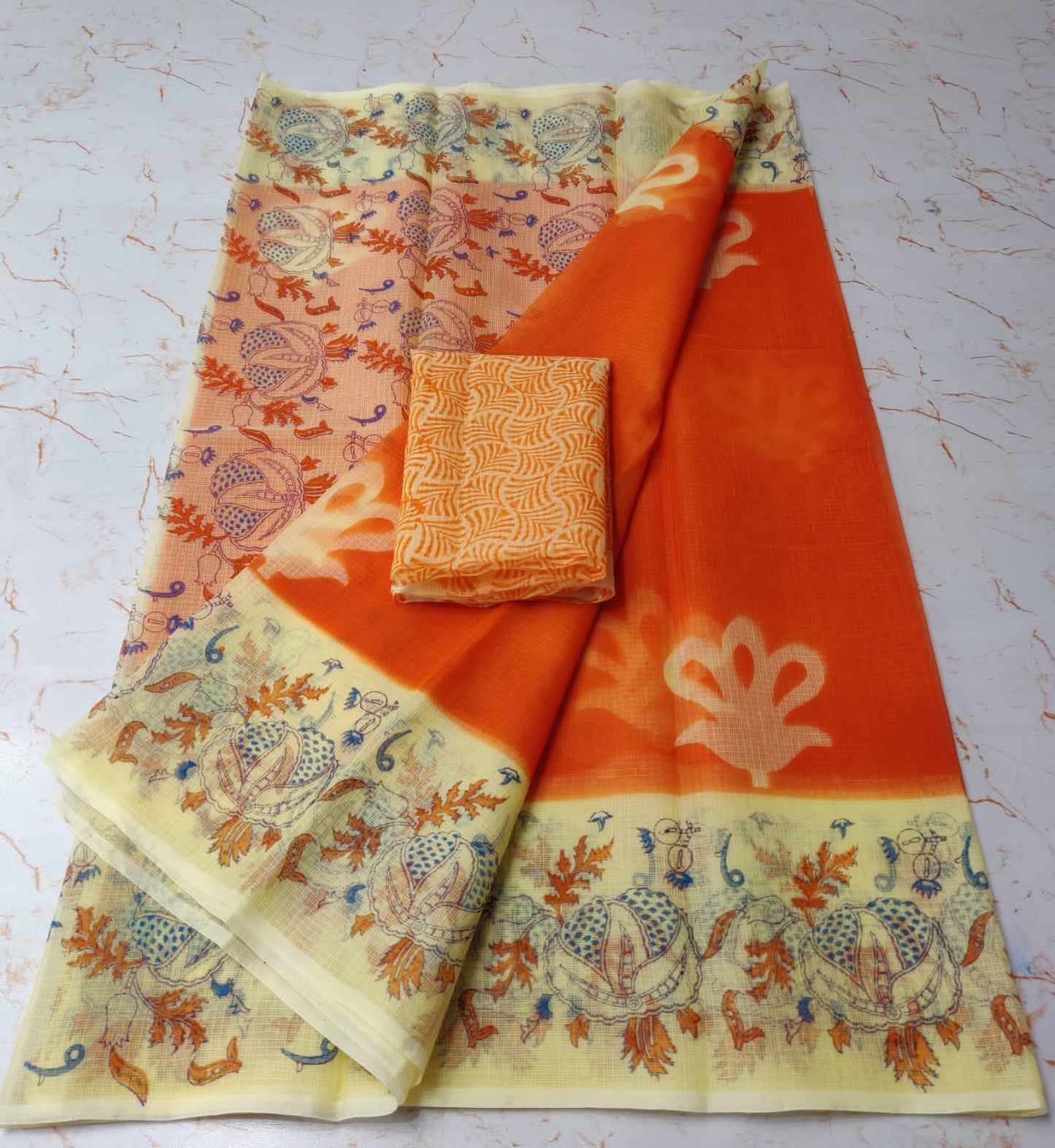 International Orange Chic KotaDoria Dye Block Printed Cotton Saree With Blouse