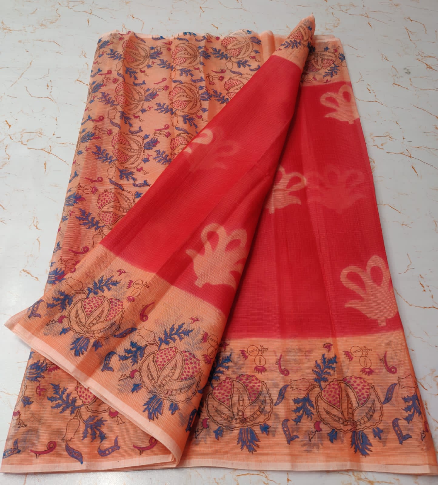 Red Chic KotaDoria Dye Block Printed Cotton Saree With Blouse