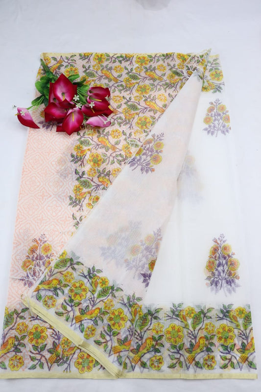 Delicate White Flowery KotaDoria Block Printed Cotton Saree With Blouse