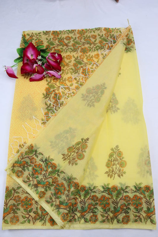Pale Yellow Flowery KotaDoria Block Printed Cotton Saree With Blouse