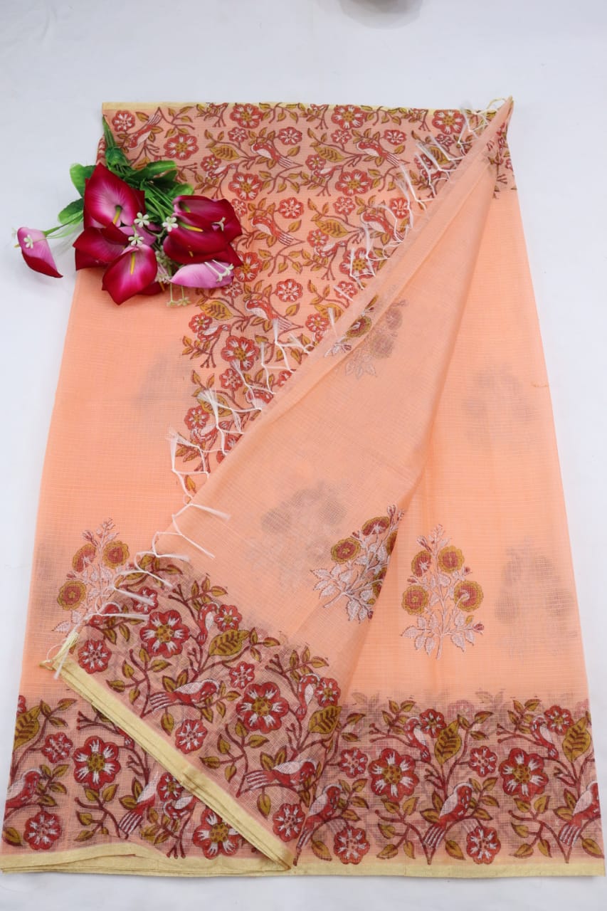 Embellished Peach Flowery KotaDoria Block Printed Cotton Saree With Blouse