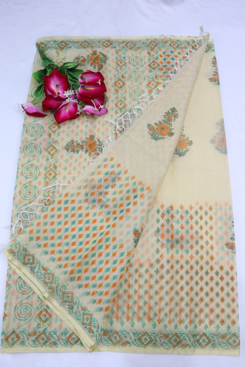 Striped Cream Embellished Flowery Kota Doria Block Printed Cotton Saree With Blouse
