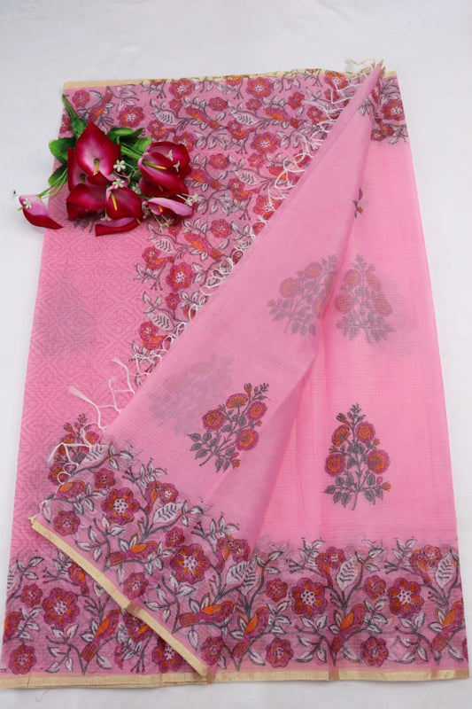 Baby Pink Artistic Flowery KotaDoria Block Printed Cotton Saree With Blouse