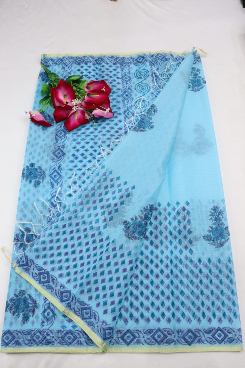 Sea Blue Artistic Flowery KotaDoria Block Printed Cotton Saree With Blouse