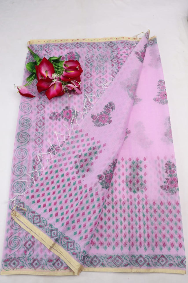 Lavender Colored Artistic Flowery KotaDoria Block Printed Cotton Saree With Blouse