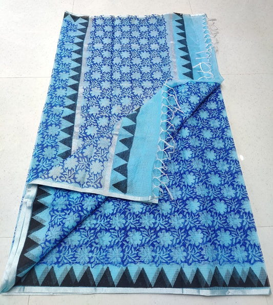 Blue Colored Flowery KotaDoria Block Printed Cotton Saree With Blouse