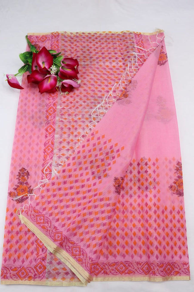 Ballet Slipper Pink Colored Artistic Flowery KotaDoria Block Printed Cotton Saree With Blouse