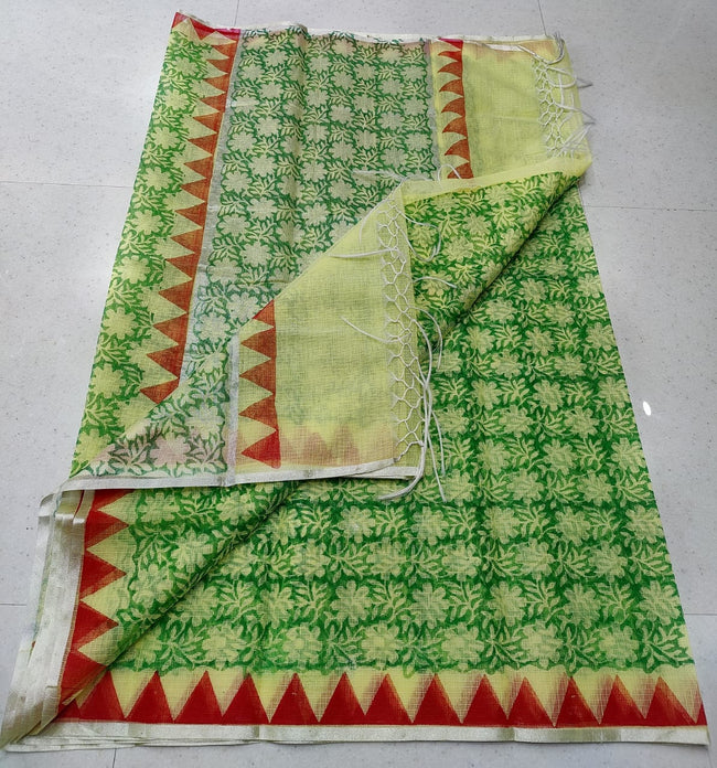 Grassy Green Artistic KotaDoria Block Printed Cotton Saree With Blouse