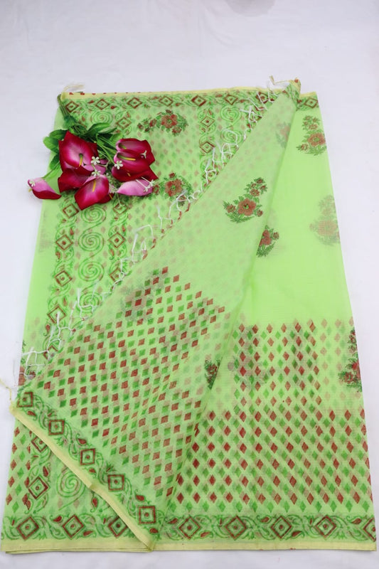 Light Green Artistic KotaDoria Block Printed Cotton Saree With Blouse