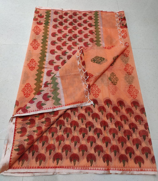 Red Tree Peach Base Ethnic KotaDoria Block Printed Cotton Saree With Blouse