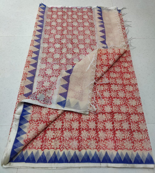 Red Floral Screen Triangle Border KotaDoria Block Printed Cotton Saree With Blouse