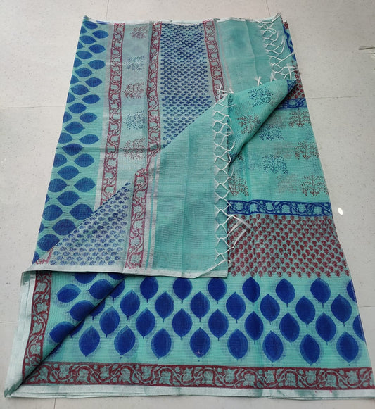 Sky Blue Base Navy Blue Leafy Ethnic KotaDoria Block Printed Cotton Saree With Blouse