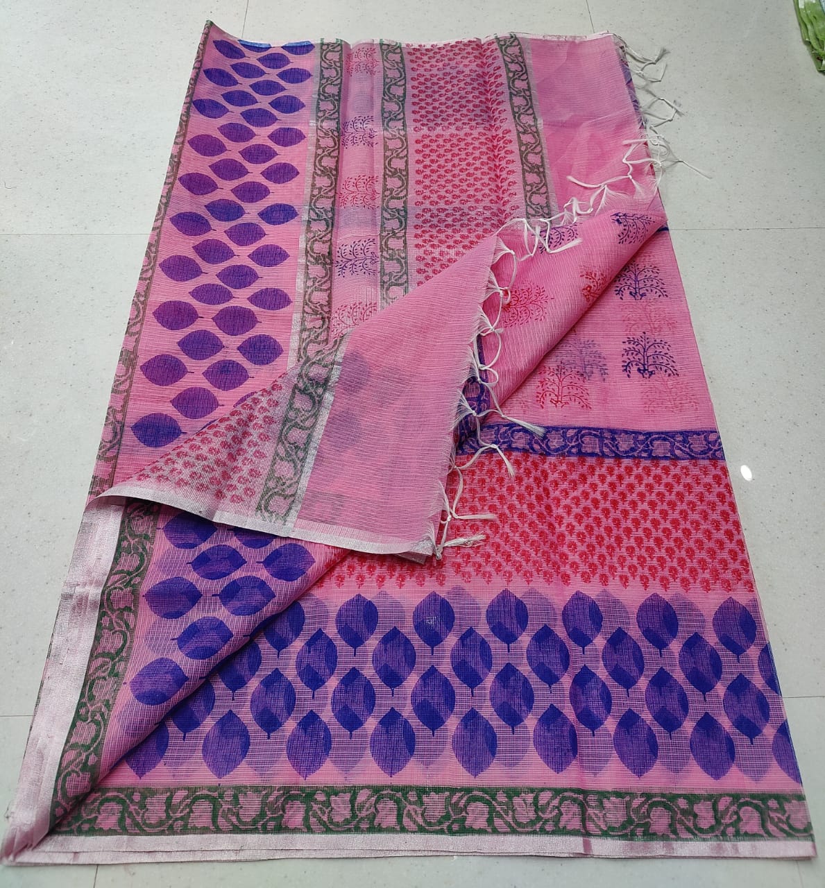 Baby Pink Base Navy Blue Leafy Ethnic KotaDoria Block Printed Cotton Saree With Blouse