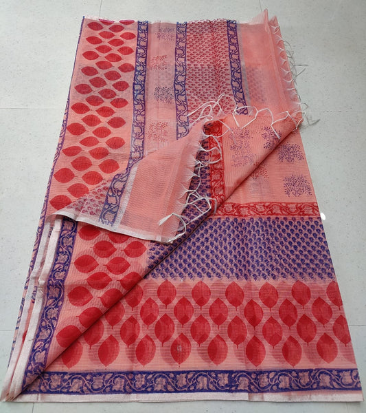 Peach Colored Base Red Leafy Ethnic KotaDoria Block Printed Cotton Saree With Blouse