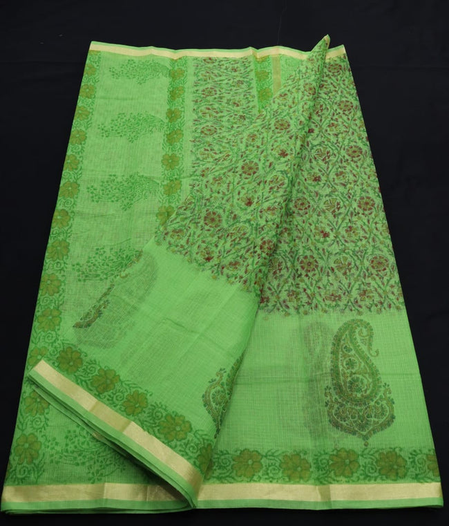 Gracious Zari Border Green KotaDoria Block Printed Cotton Saree With Blouse