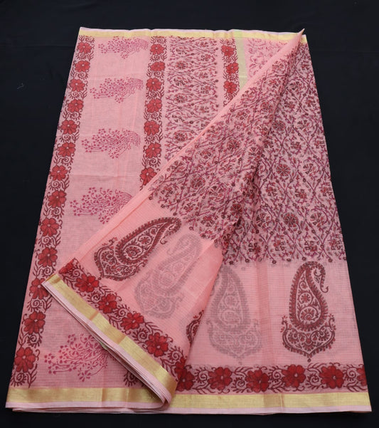 Ethnic Zari Border Pink KotaDoria Block Printed Cotton Saree With Blouse