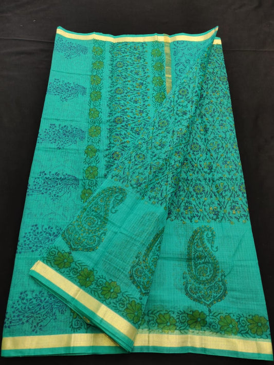 Gracious Sea Green Zari Border KotaDoria Block Printed Cotton Saree With Blouse