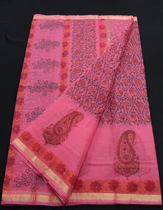 Gracious Pink Zari Border KotaDoria Block Printed Cotton Saree With Blouse