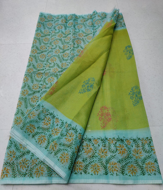 Sheen Green Refined KotaDoria Dye Block Printed Cotton Saree With Blouse