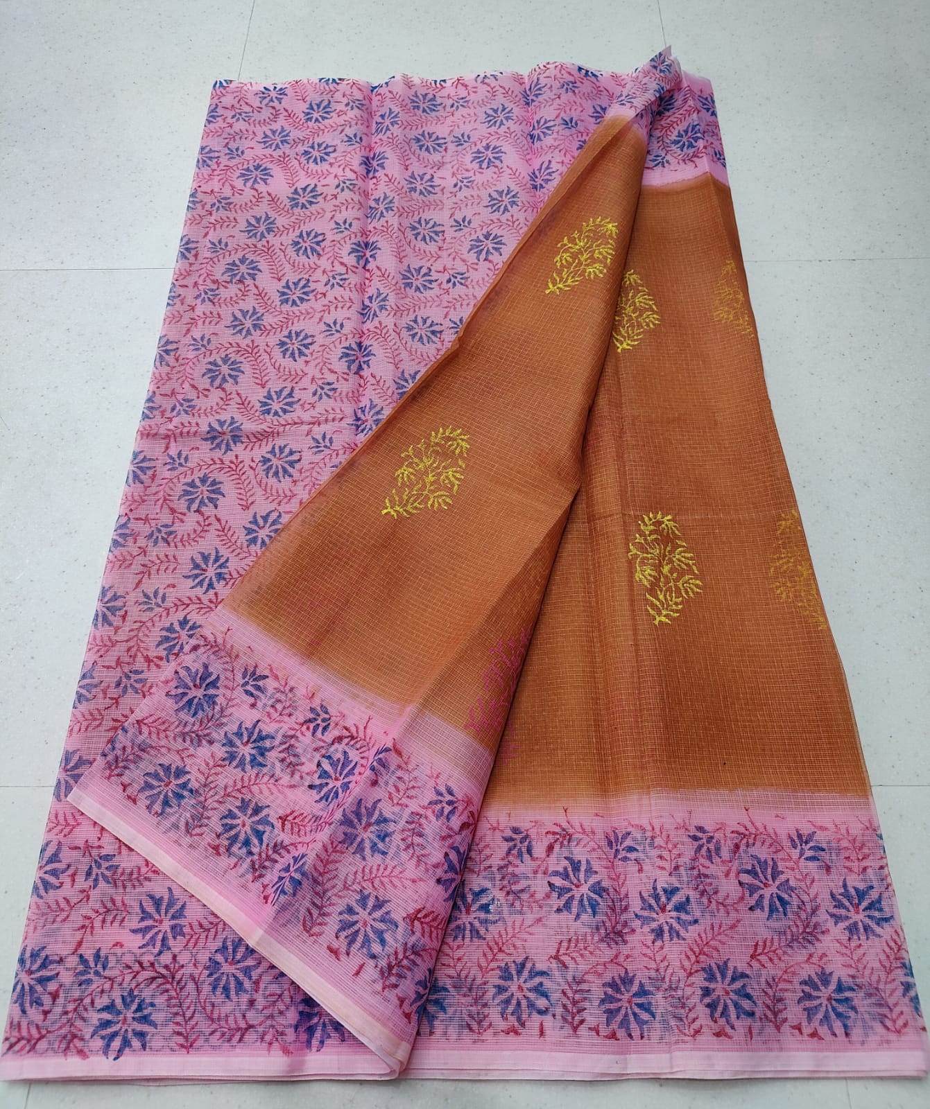 Copper Brown Refined KotaDoria Dye Block Printed Cotton Saree With Blouse