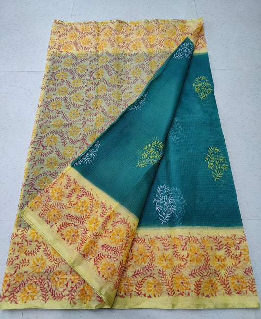 Ocean Blue Refined KotaDoria Dye Block Printed Cotton Saree With Blouse