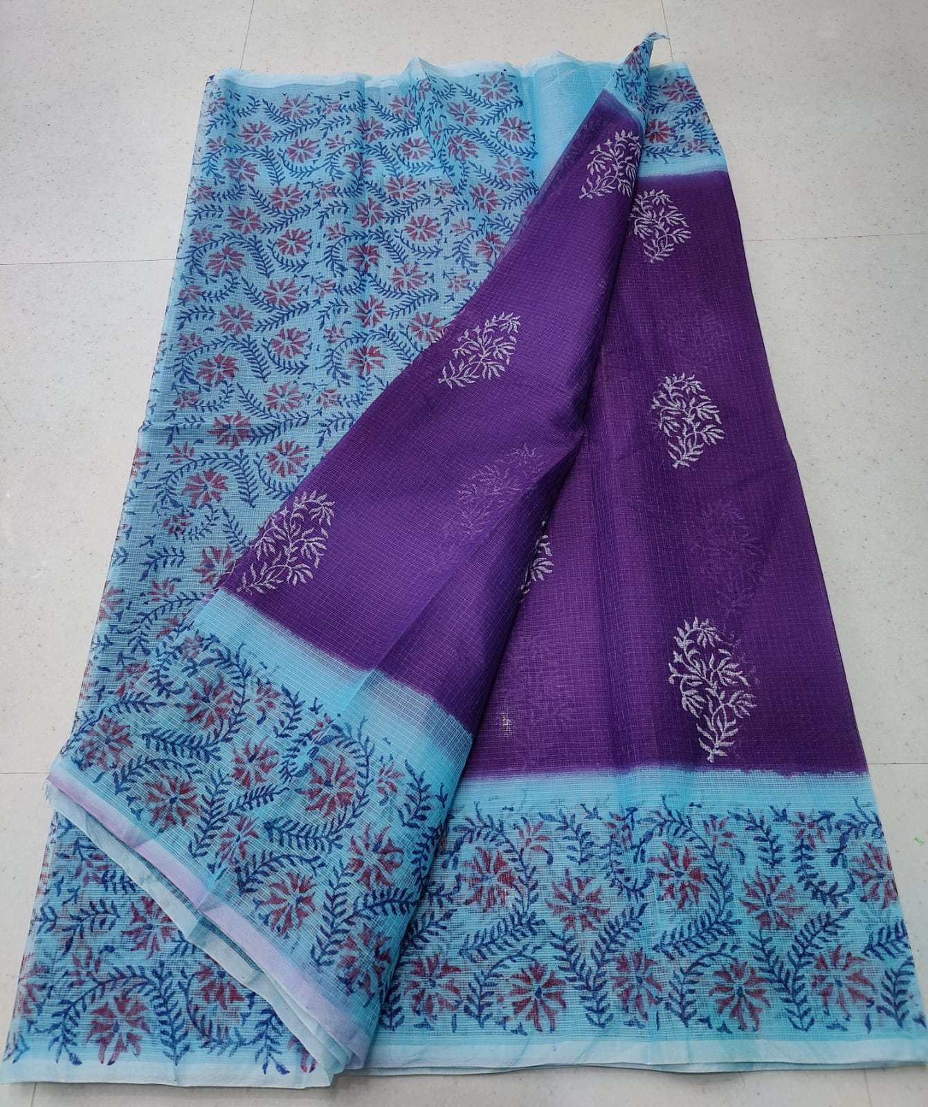 Mauve Purple Refined KotaDoria Dye Block Printed Cotton Saree With Blouse