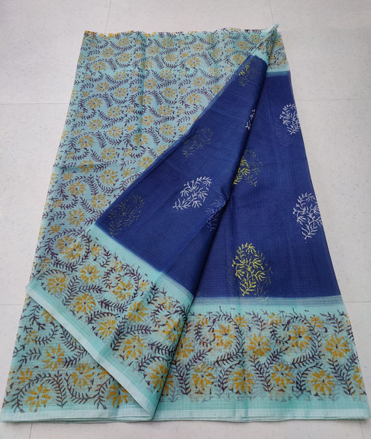 Midnight Blue Refined KotaDoria Dye Block Printed Cotton Saree With Blouse