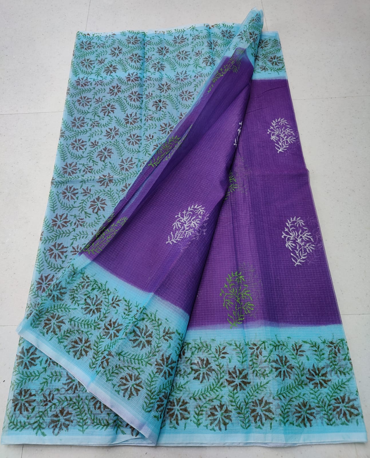 Sky Blue Refined KotaDoria Dye Block Printed Cotton Saree With Blouse