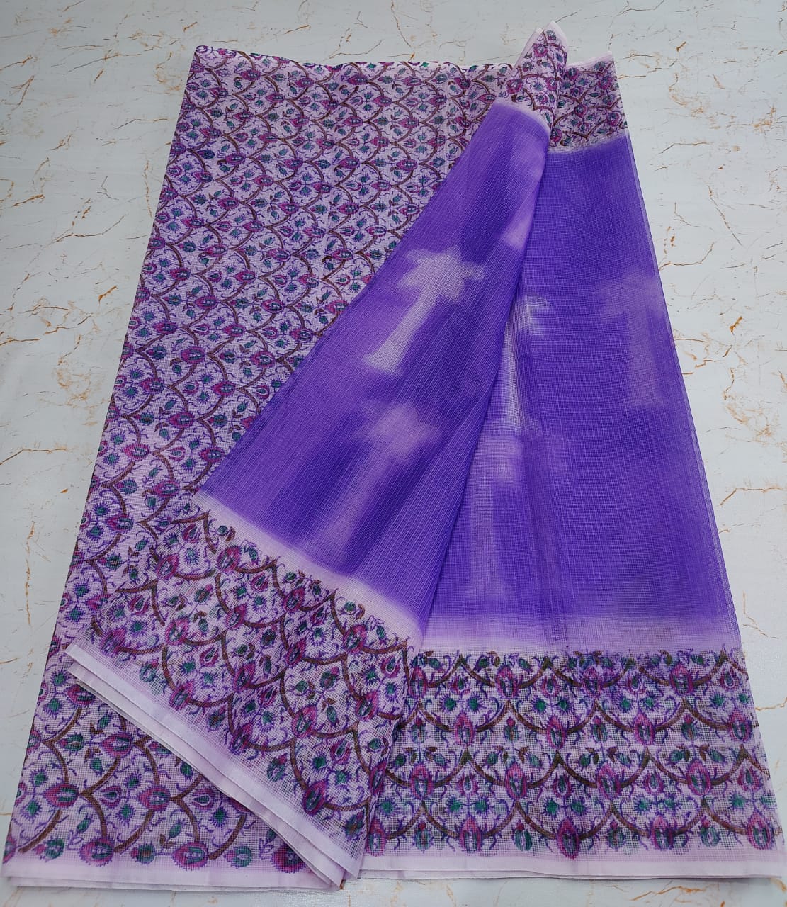 Lavender Tree Print Refined KotaDoria Dye Block Printed Cotton Saree With Blouse