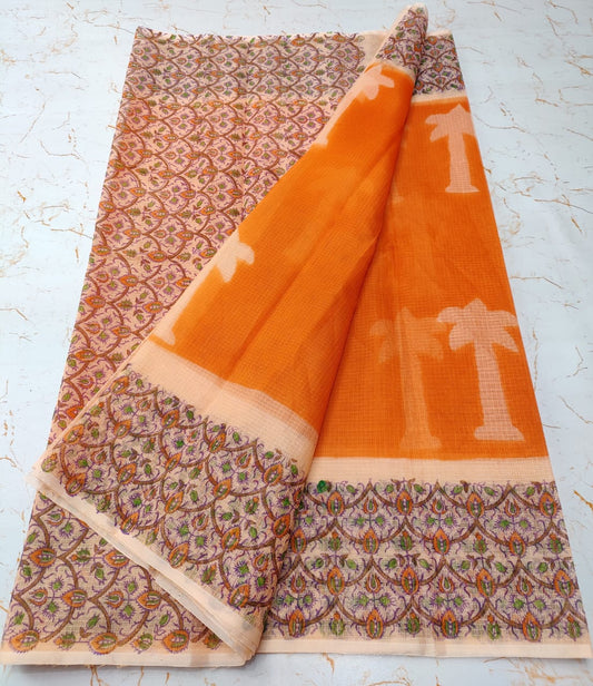 Melon Tree Print Refined KotaDoria Dye Block Printed Cotton Saree With Blouse