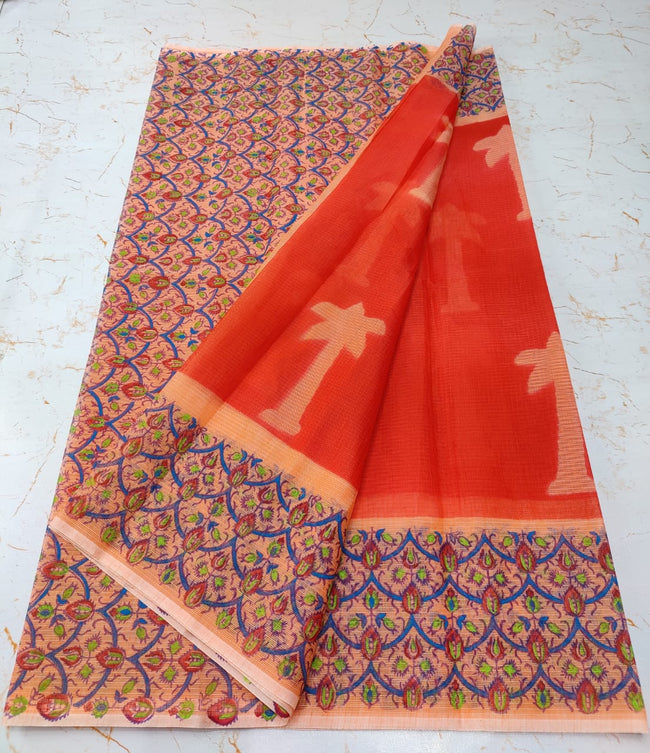 Scarlet Red Tree Print Refined KotaDoria Dye Block Printed Cotton Saree With Blouse